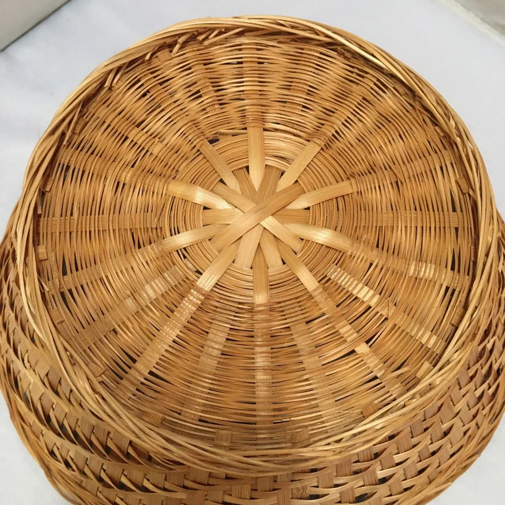 Woven Bamboo Basket Unisex Medium Brown Round Natural Storage Bowl Cottagecore